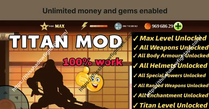 Shadow Fight 2 Titan MOD APK 6 Unlimited money and gems available in Shadow Fight 2 Titan MOD APK