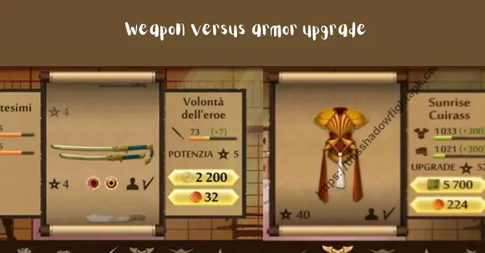 Beginner Strategies & Pro Tips for Shadow Fight 2 MOD APK 7 Weapon versus armor upgrade decision screen in Shadow Fight 2