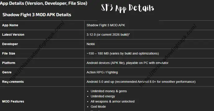 Shadow Fight 3 5 Shadow Fight 3 MOD APK app details including version, developer, and file size