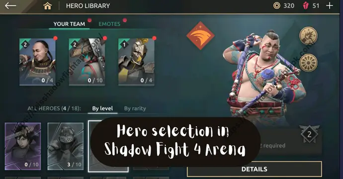 Hero selection screen in Shadow Fight 4 Arena showing different playstyles