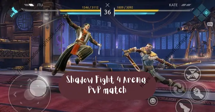 Shadow Fight 4 Arena PvP match showing real gameplay with MOD APK